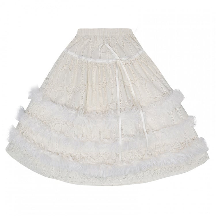 Tea Length Tiered Skirt with Plush Accents and Lace Trim Black/White