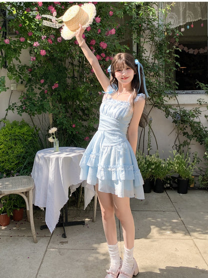 Ärmel Hellblau Flatterkleid Rock Asymmetrisch Chiffon Neckholder Stufen