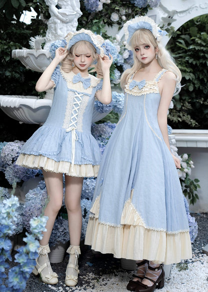 Tea Set and Trims Ruffle Beige Dress Elegant Full Flounce Length Lolita Blue Hem JSK