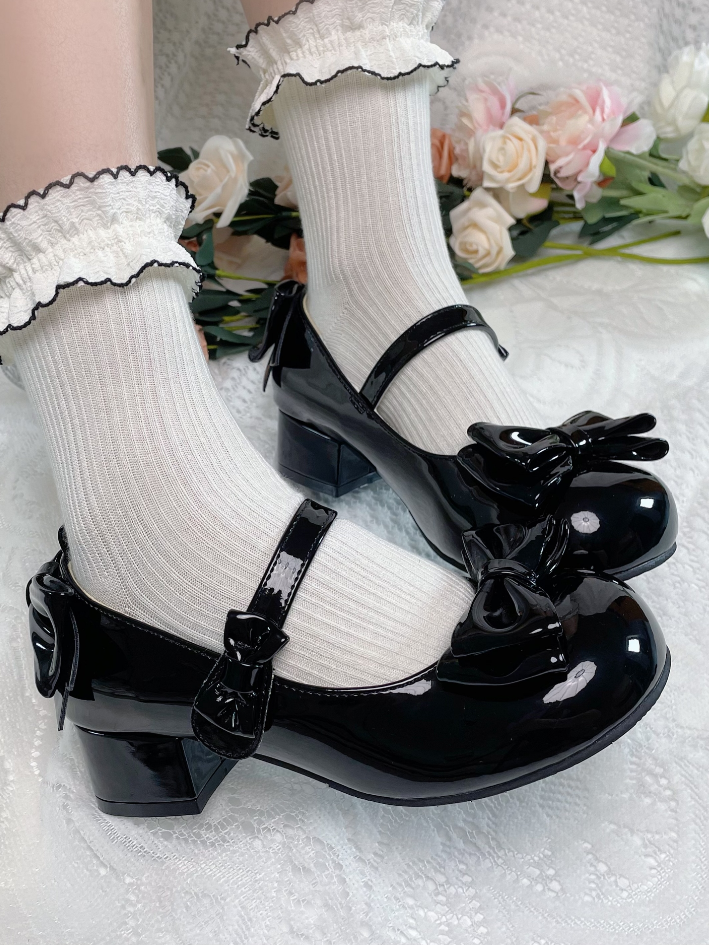 Black Bowknot Round Toe 3.5CM Block Heel Lolita Shoes