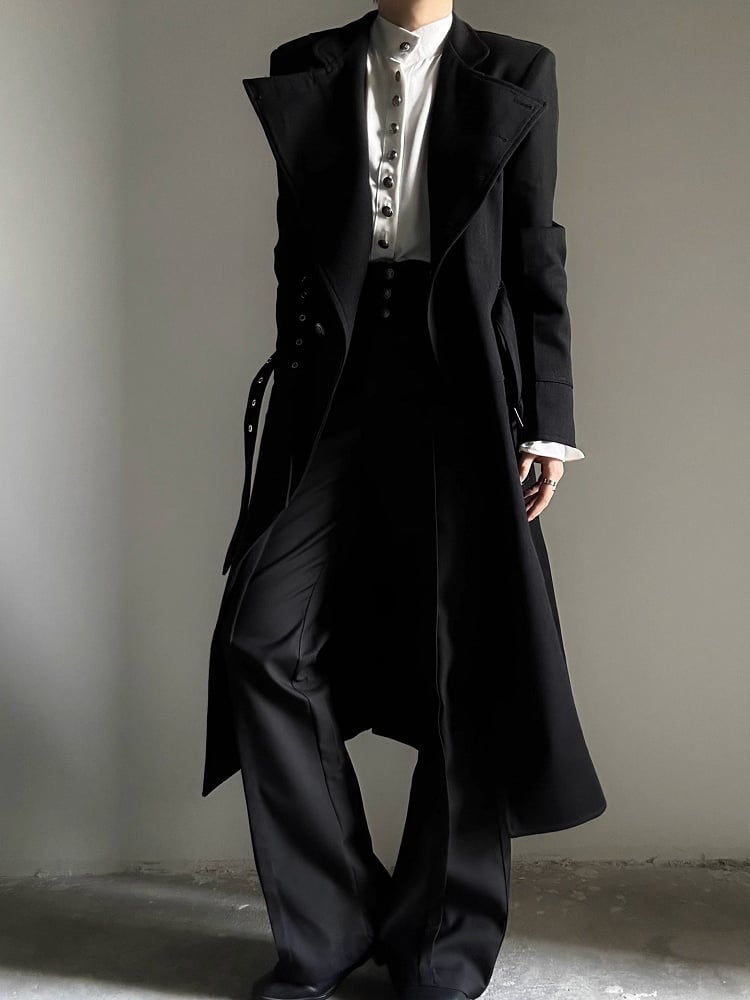 Wear Collar Ouji with Convertible Versatile - Black Open Trench or Coat Lolita Cinched