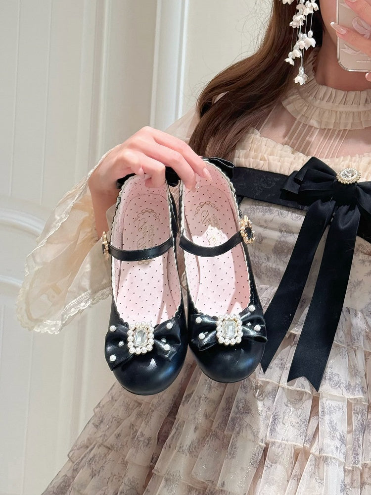 ジェーンズとラウンドロリータブラックトゥビーズディテールラインストーン装飾シューズメアリーボウノット