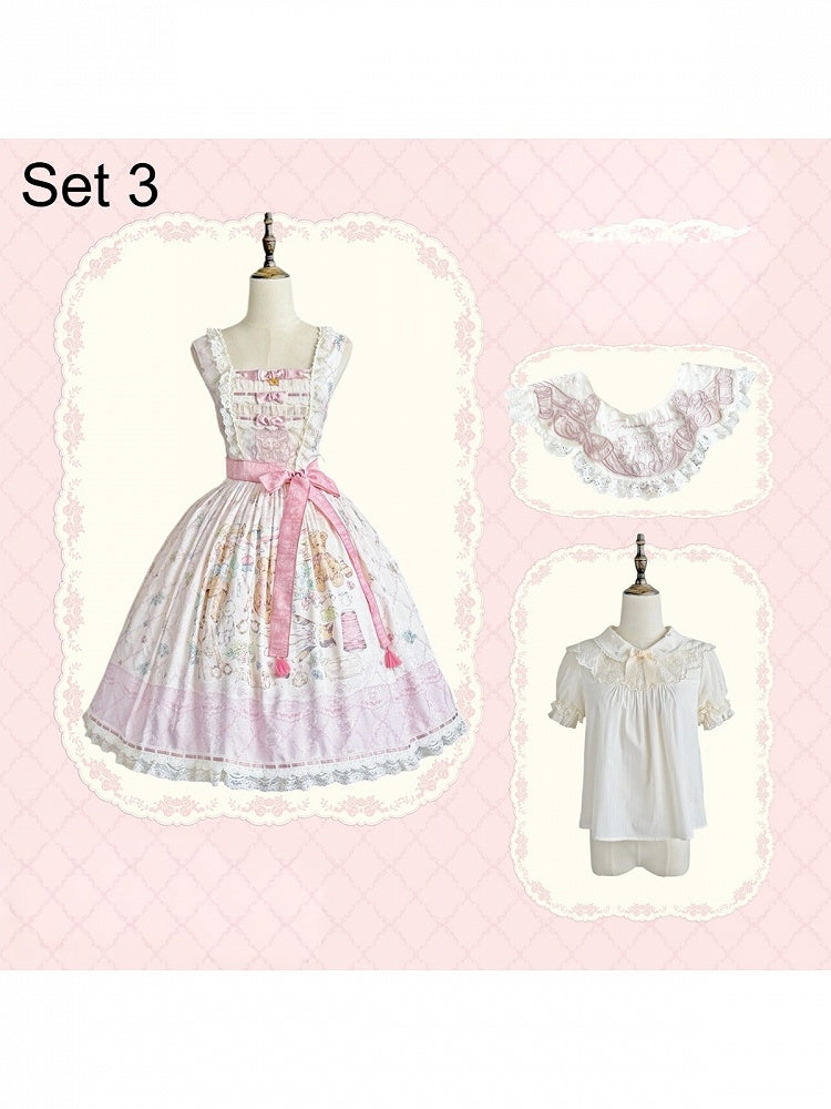 Sweet Lolita JSK Dress Set in Pink with Kawaii Bear Print and Self-Tie Belt - Treasure House