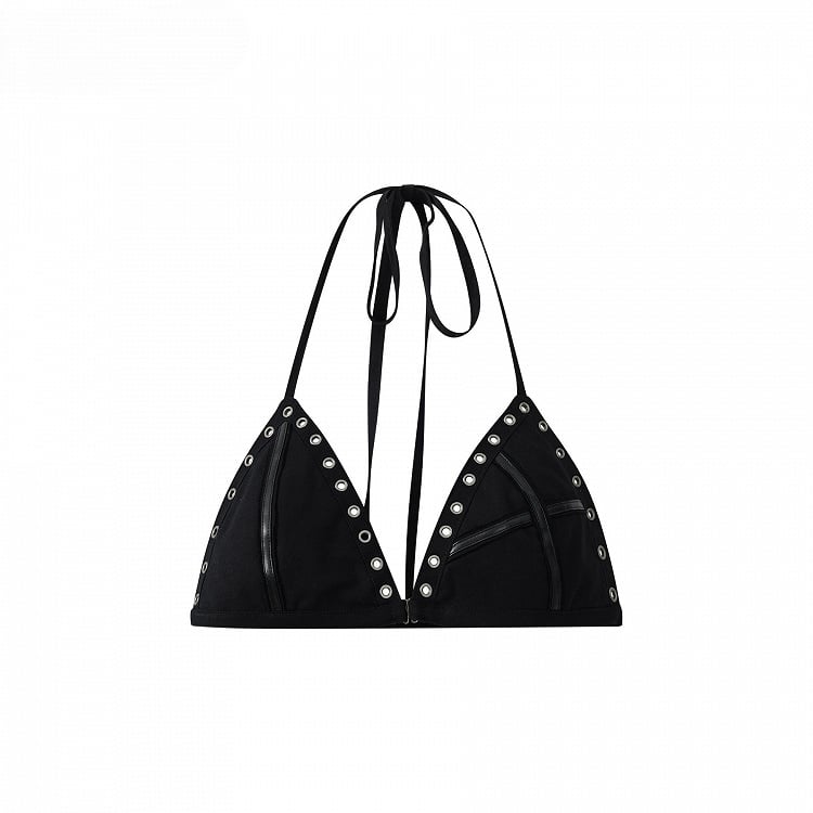Halter Black Bralette with Grommet Studs Punk Accents