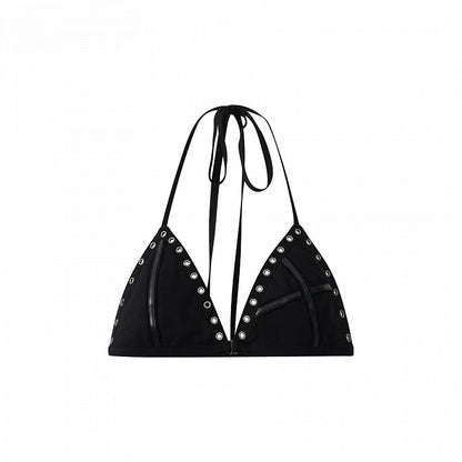 Halter Black Bralette with Grommet Studs Punk Accents