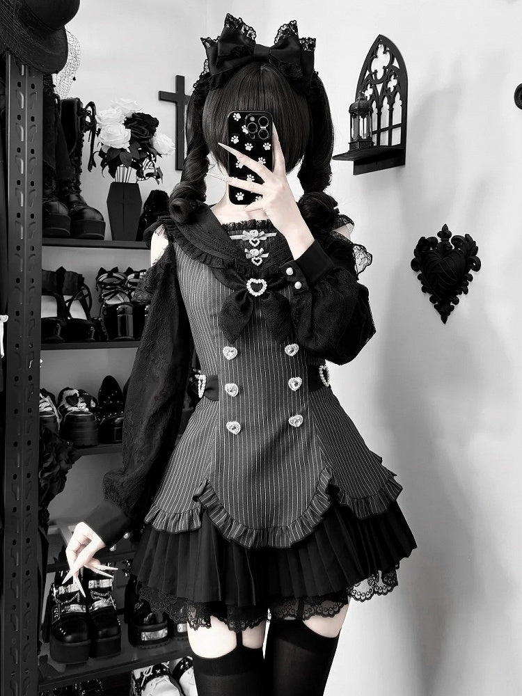 Striped Jirai Kei Two-Piece Set with Sailor Collar Cutout Shoulder Pleated Dress and Shorts in Black - Broken Bear