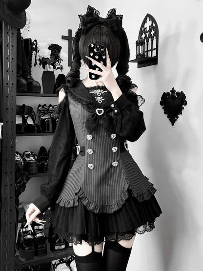 Striped Jirai Kei Two-Piece Set with Sailor Collar Cutout Shoulder Pleated Dress and Shorts in Black - Broken Bear