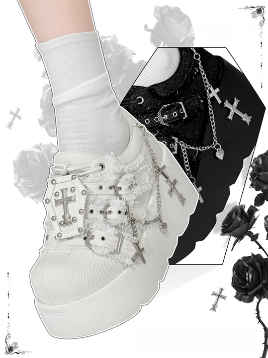 Chunky Heels Punk 7cm Sneakers Plattform Kreuz Gothic Weiß Kette mit