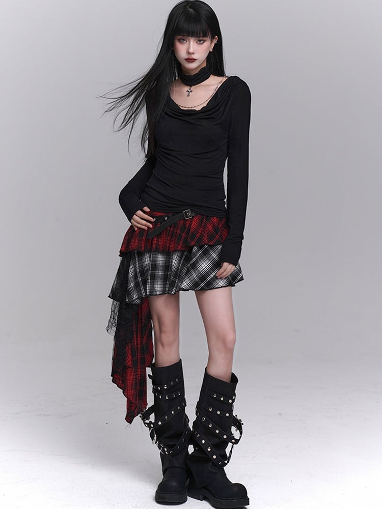 Rot-schwarzer asymmetrischer Karorock aus Netzstoff mit PU-Patchwork
