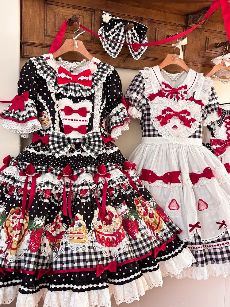 Lolita Dress Sleeves Print White with Strawberry Sweet Cake Puff Ruffle Black Hem