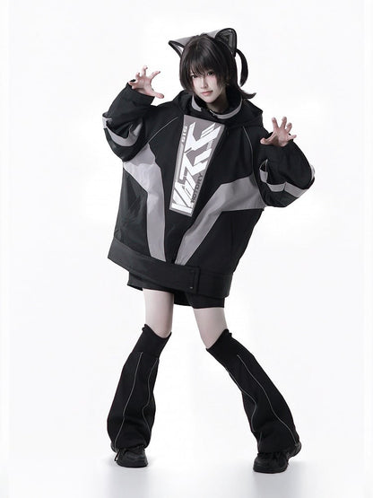 Kaiwai Cyberpunk Black - Two-Piece + Full Gray Leg Shorts Set Hair Clips Warmers Tenshi Techwear Cat Hooded Matching Jacket Ear