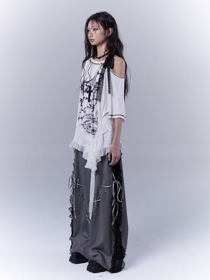 Dark Gray Lace Patches Lace-up with Casual Pants Details Side