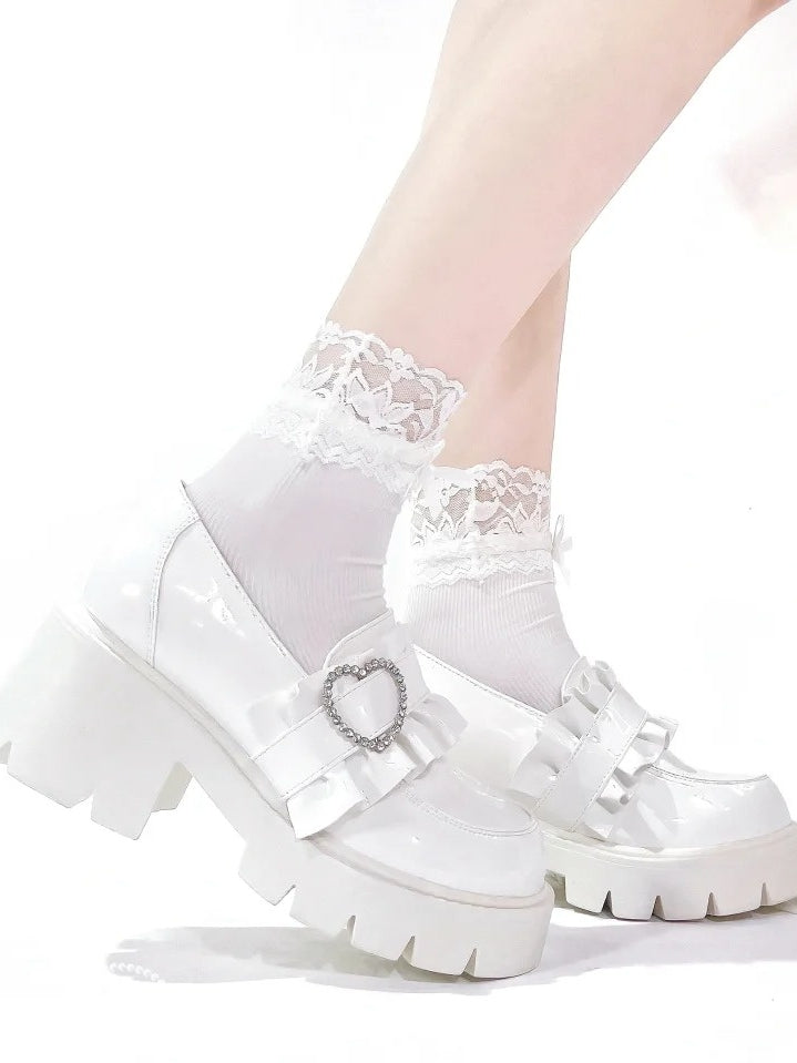 6.5cm White Chunky with Sweetheart Detail Kei Platform Heel Loafers Beaded Jirai