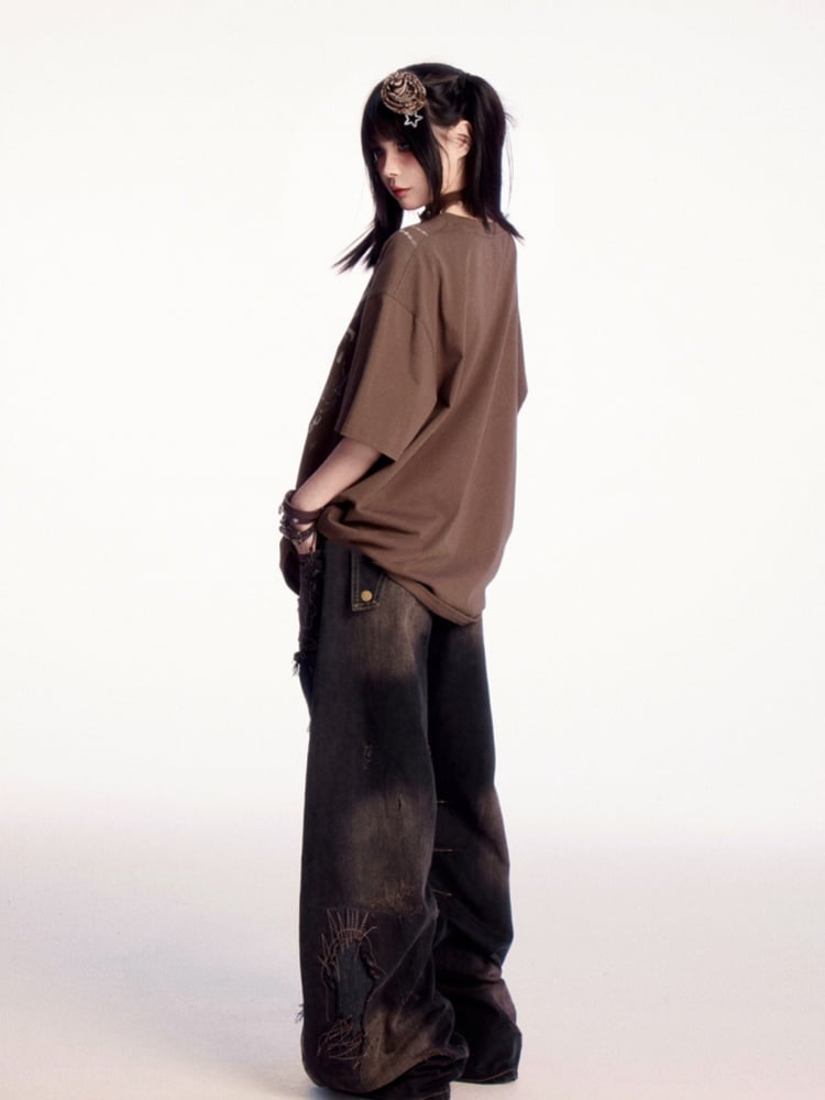 Raw Black Low Hem Rise Distressed Holes Wide-leg Jeans