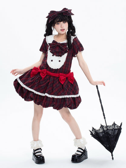 パターンパフスリーブレッドコットンバブルスカートチェック柄サマーロリータ