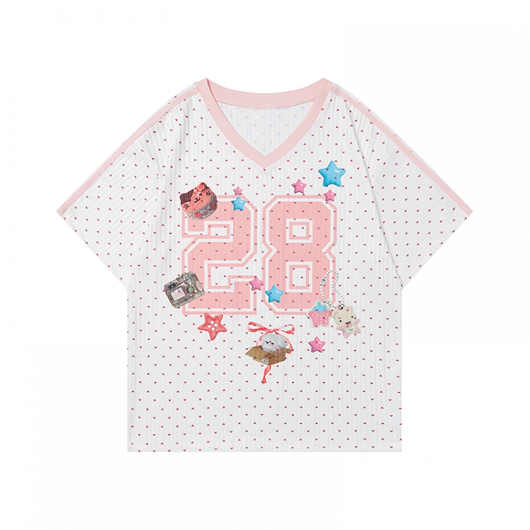 Weißes T-Shirt mit V-Ausschnitt und Zahlen- und Sternendruck