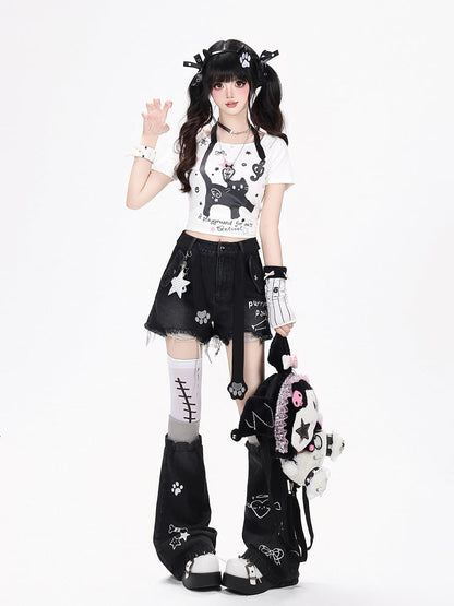 Black Distressed Denim Set with Cat Paw Belt - CRAZY GIRL
