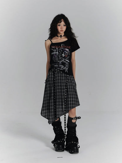 T-shirt Punk avec imprimé à nouer, asymétrique, noir, motif anime