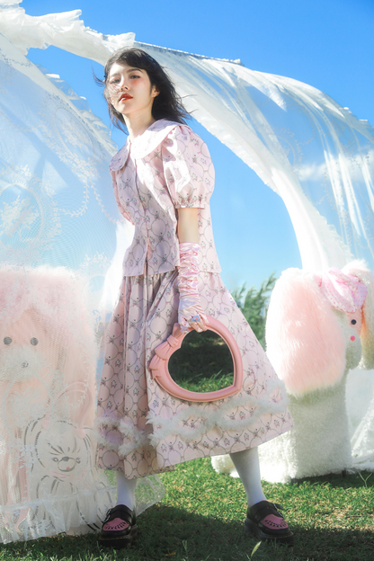 メッシュパールウェーブプリントピンクアニマルスカート