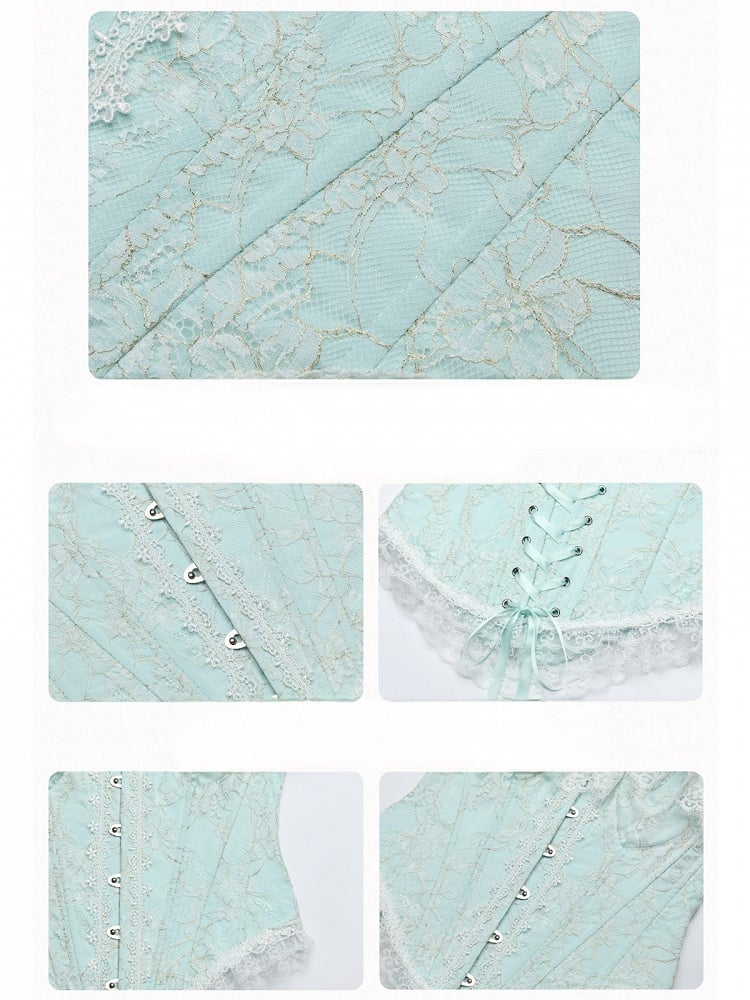 Fishbone Bodice Mint Blue Lace Trim Corset - San Sheng Du