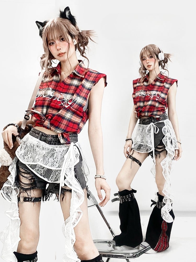 レター ノースリーブ パターン レッド シャツ チェック柄 刺繍 Y2K