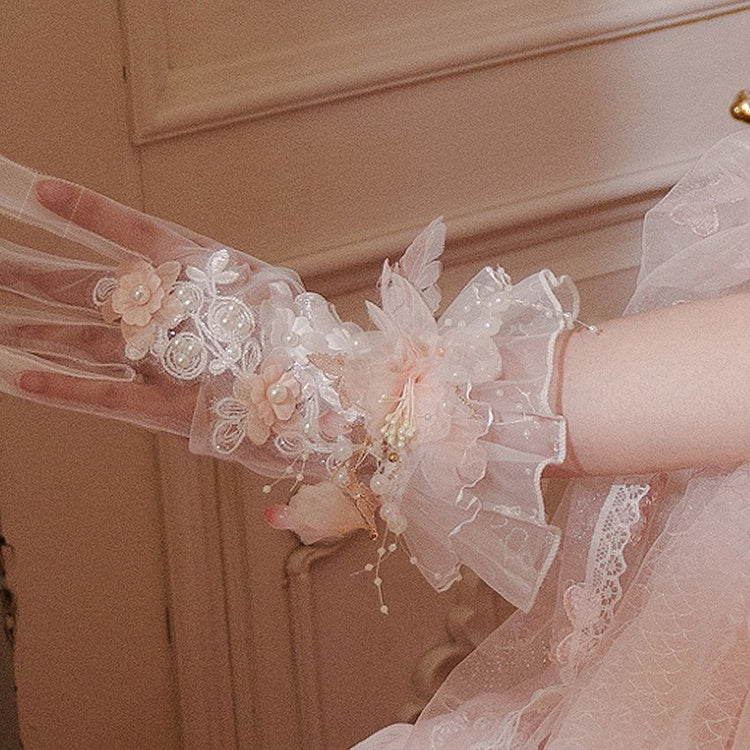 White Beads Gloves Flowers Decorated Tulle and