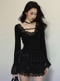 Black Lace Trim V-neck Knit Top