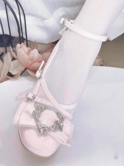 Rose Pink Leather Design with Light PU Block Heels Adorned Heart High Crisscross