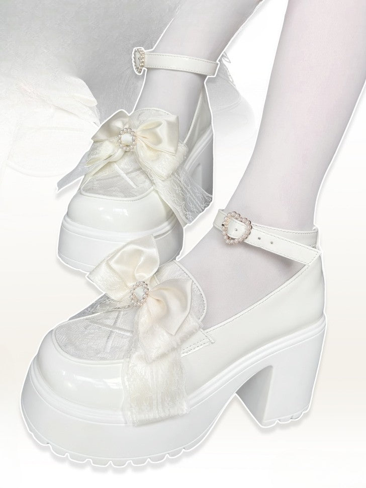 Herz-Plattform Perlen Jirai mit - Vamp Bow Kei White Heels Hohe Schnalle Block Matching