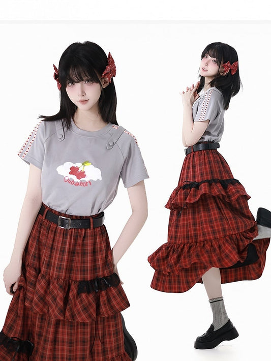 Round Neck Gray Cherry Print T-Shirt