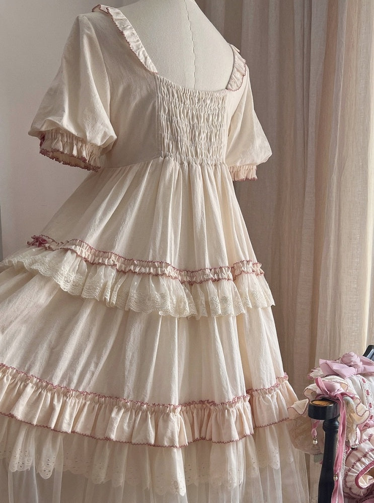 Cream Layered Ruffle High Waist Sweet Lolita Dress with Tulle Hem - Bodhi Original Design
