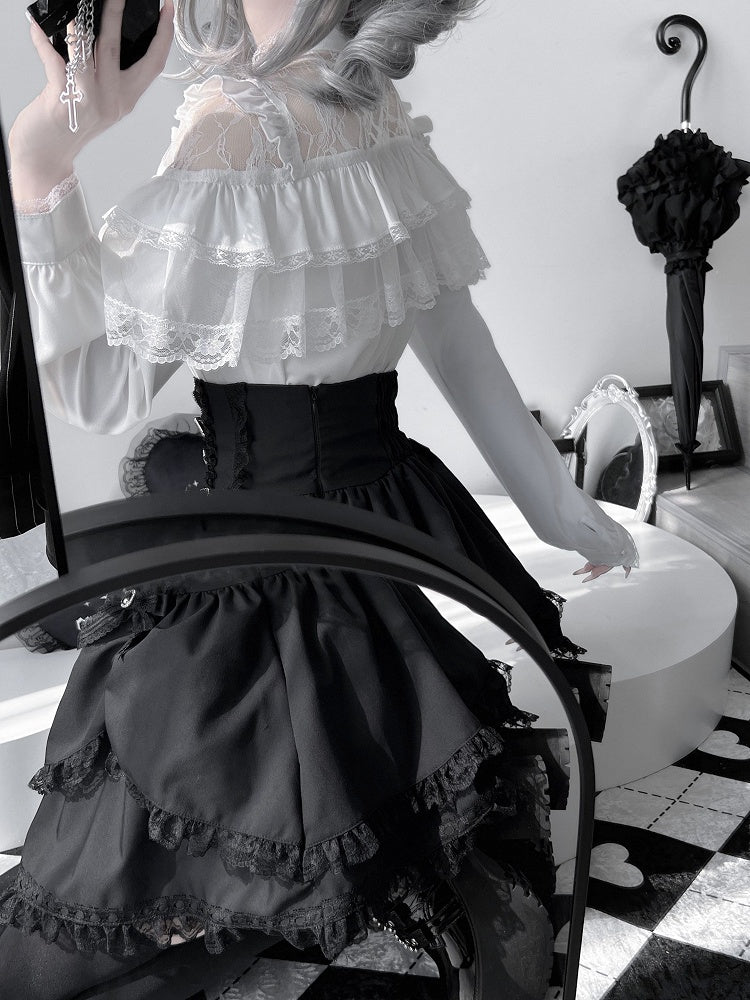 ジライケイのハートボタン付きフリルブラウス、リボン付きビッグスリーブ、ブラック/ホワイトのイリュージョンネックライン、ティアードロング