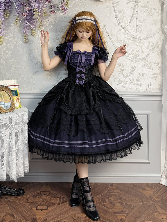 Robe Lolita classique noire et violette à encolure carrée et jupe à cordon de serrage en jacquard
