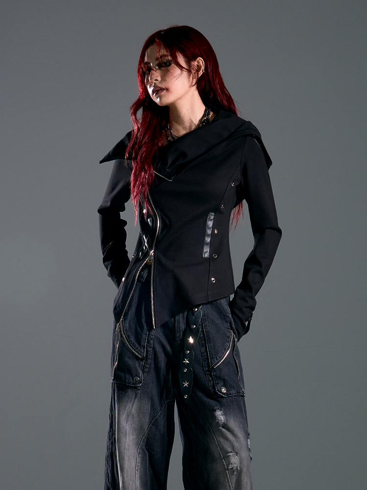Zip Accents with Grommet Jacket Wasteland Two-Way Hoodie Stud Placket Punk Black Asymmetrical