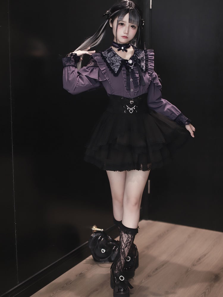 Kei-Kragen Gothic Schwarz und Stil Spitze Bluse: Dunkelviolette Ausschnitte mit Royal Lace Jirai