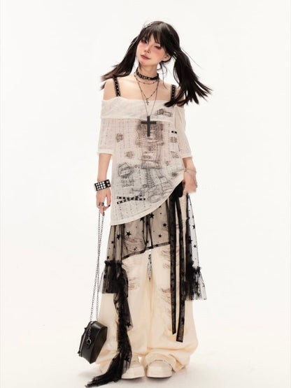 アプリコット/ブラック オフショルダー クロスストラップ カートゥーンガールプリント カバーアップ