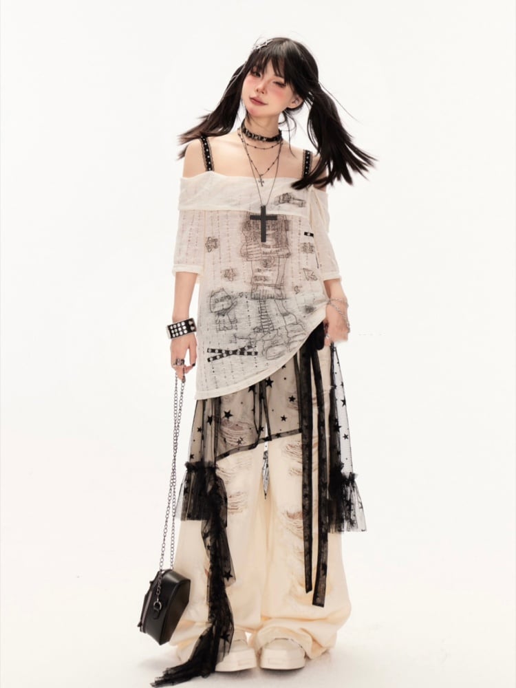 ワイドレッグジーンズ ウェイストランド アプリコット ローウエスト ダメージ加工 穴あき パンク