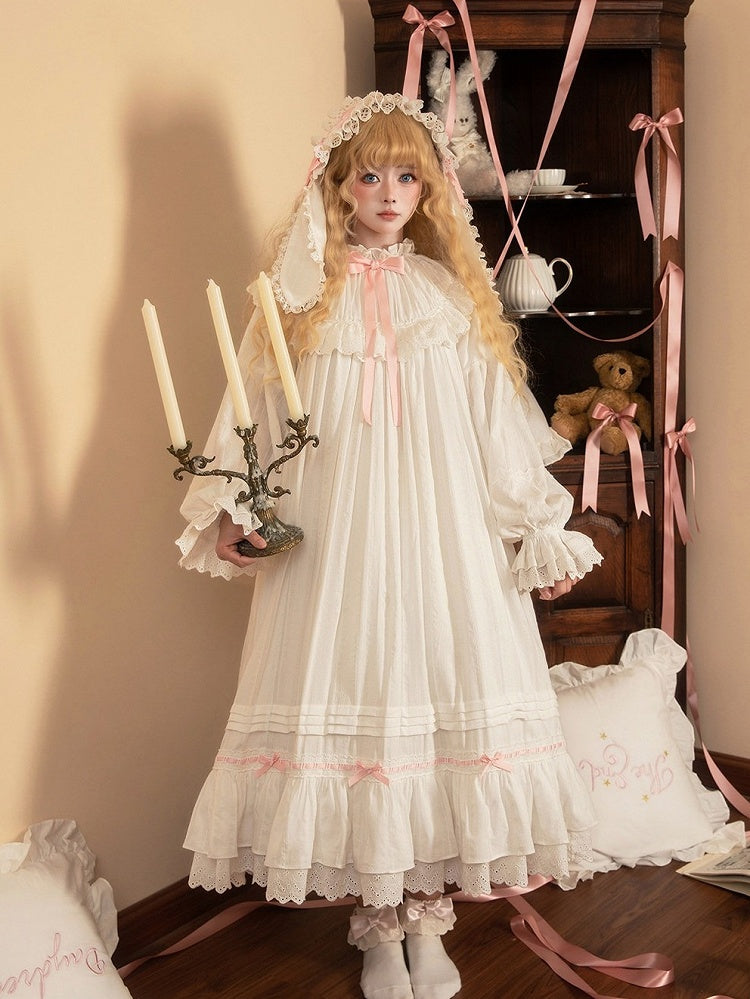 White & Pink Lace Lolita Dress with Bow - Tan Tuan