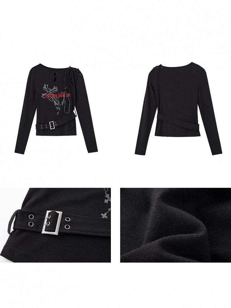 Punk Black Shoulder Print Edgy Sleeve Cross with Long Belt Buckle Cross-Lace Top Gray