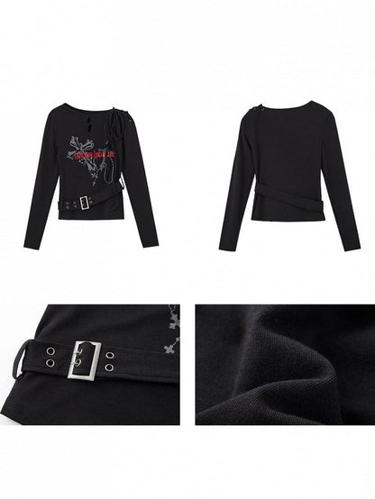 Punk Black Shoulder Print Edgy Sleeve Cross with Long Belt Buckle Cross-Lace Top Gray
