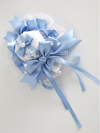 BlueWhite Clips Trim Lolita Decorated Details Sweet Lace Beaded Mini With Hat Bowknot