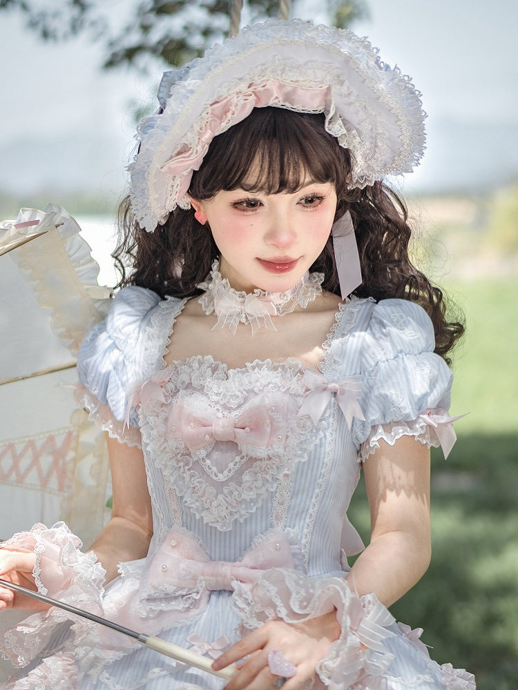 ボンネット柄とブルーのロリータストライプピンク