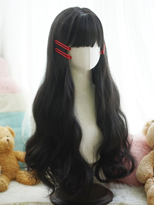 Schwarze lange gewellte Perücke mit vollem Pony