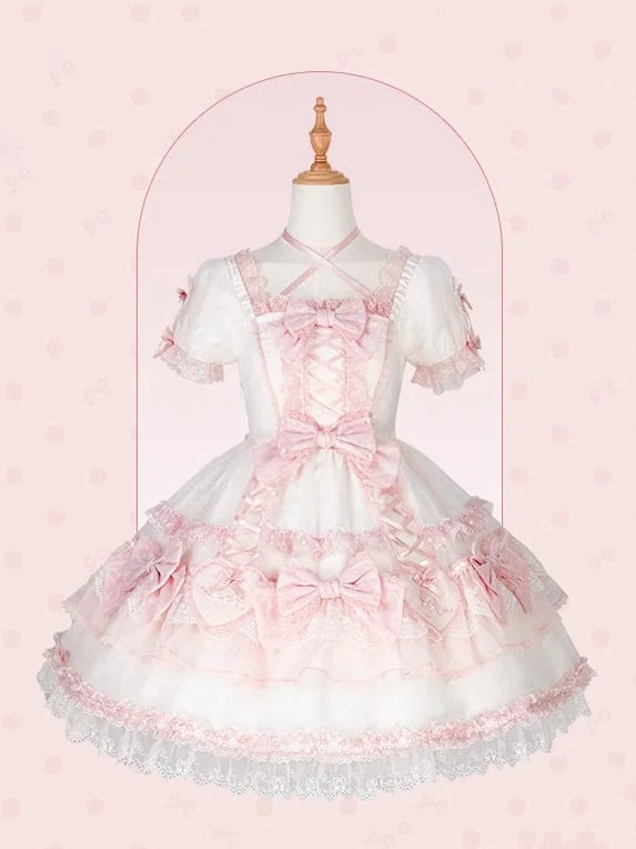 Herz Weiß Lolita Süße Applikation Hase und Stickerei Akzente Kleid Rosa Schleife