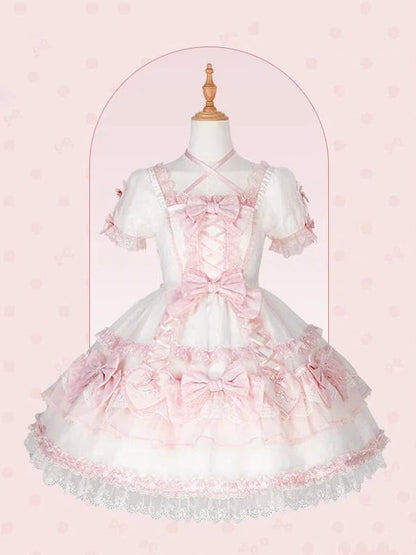 Herz Weiß Lolita Süße Applikation Hase und Stickerei Akzente Kleid Rosa Schleife