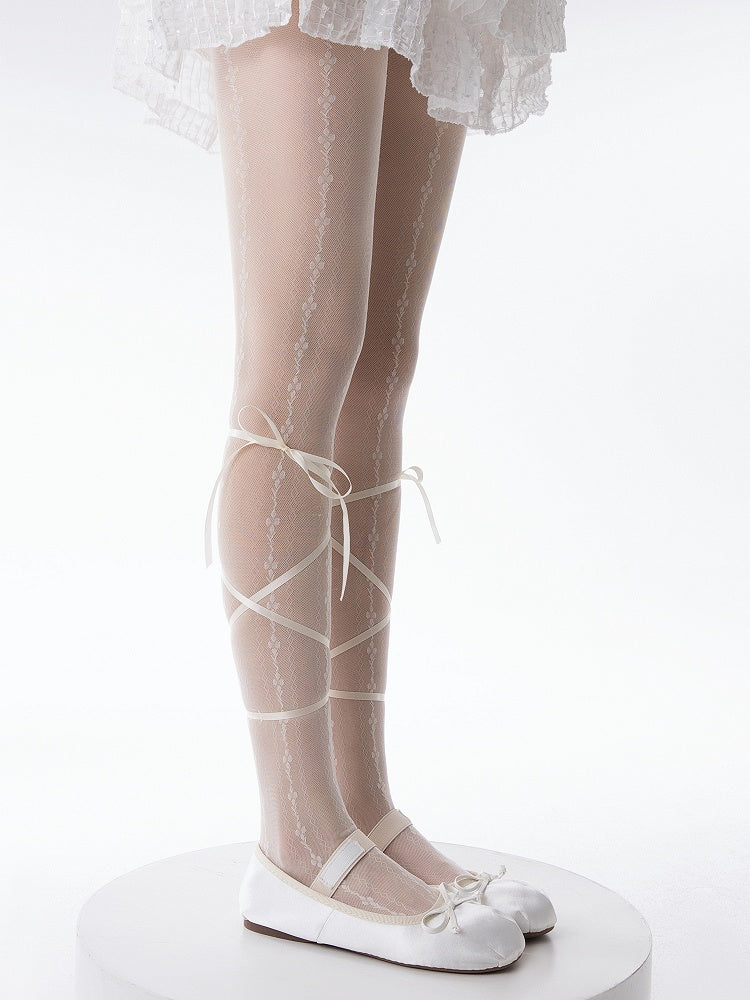 White/Black Bow Straps with Design Tights Floral Pattern