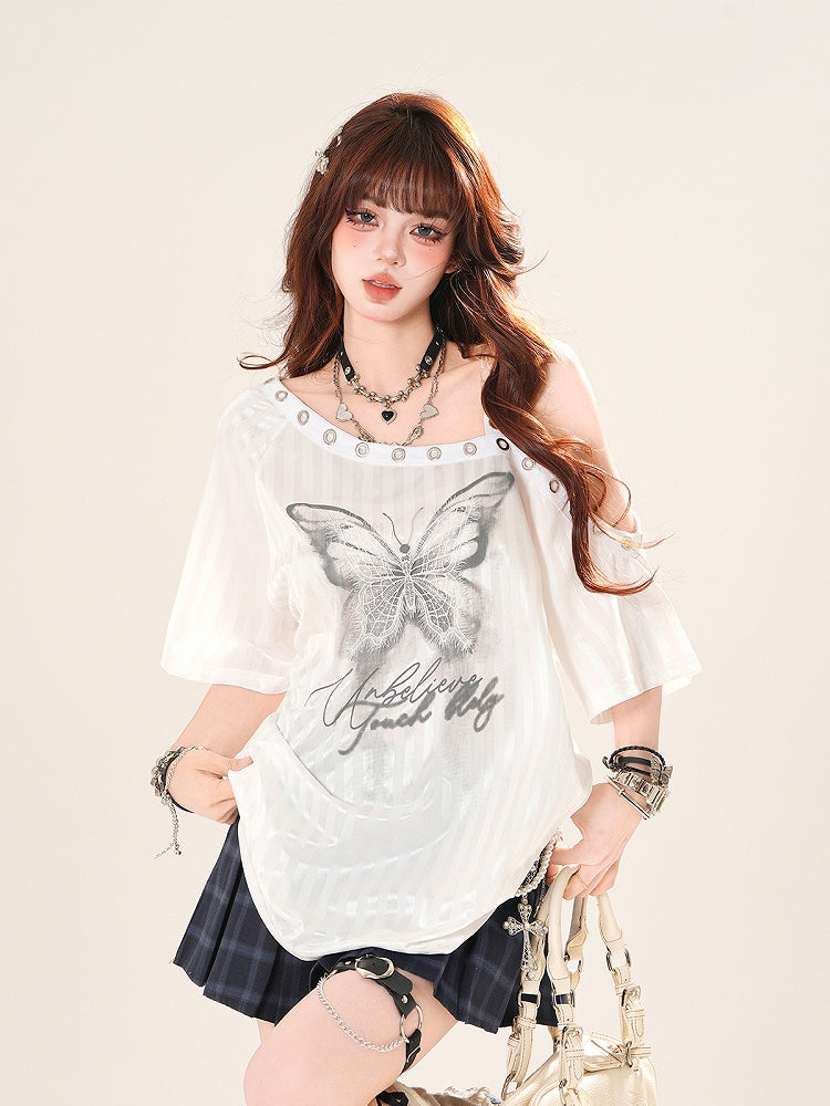 ストライプTシャツ アシンメトリーネックライン バタフライプリント ブラック/ホワイト