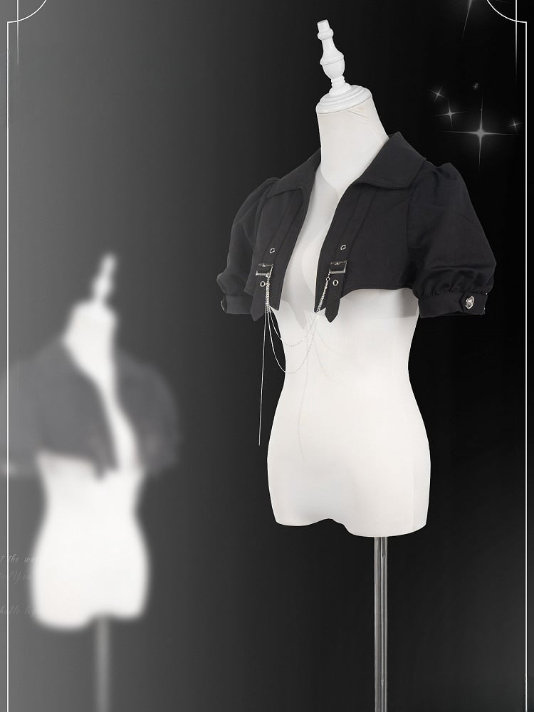 Black and White Prince Ouji Lolita Outfit - White Sleeveless Shirt + Black Cropped Top + Hiigh Waist Blommer Shorts Full Set