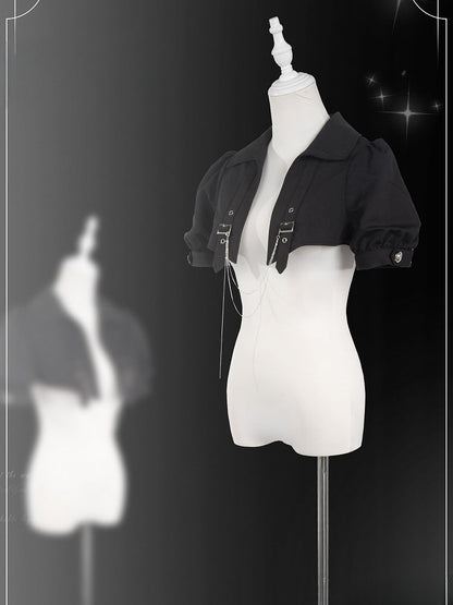 Black and White Prince Ouji Lolita Outfit - White Sleeveless Shirt + Black Cropped Top + Hiigh Waist Blommer Shorts Full Set