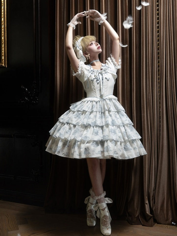 Blue & White Floral Print Lolita JSK with Bow Embellishments - CEL